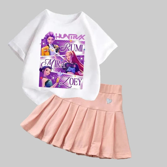 Kpop Demon Hunters Girls T-Shirt & Skirt Set - Kawaii Cartoon Summer Outfit