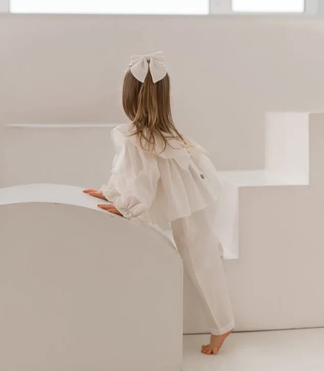 Girls Linen Ruffle Blouse & Pants Set - 2-Piece Spring Autumn Outfit