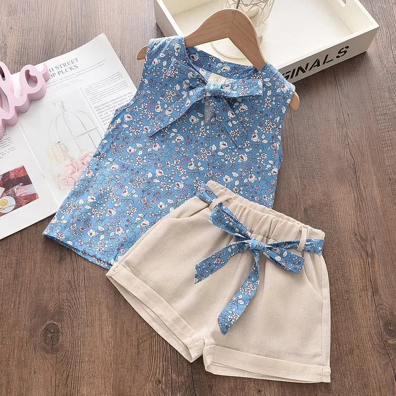 Bear Leader Girls Clothing Sets 2025 Summer Kids Clothes Floral Chiffon Halter+Embroidered Shorts Straw Children Clothing