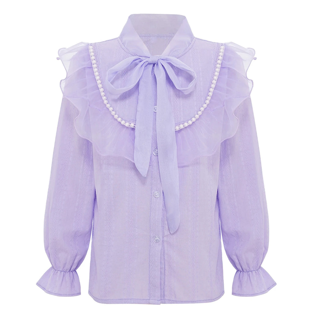 Girls' Korean Style Ruffle Collar Shirt - White Long Sleeve Top