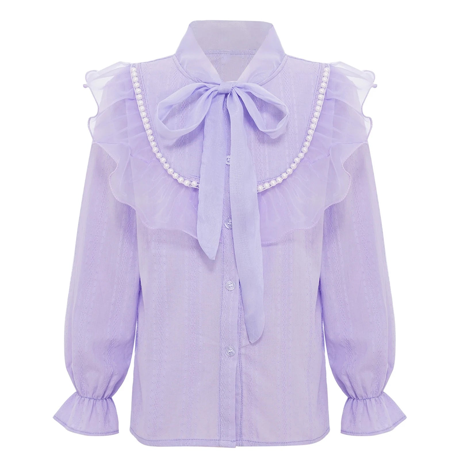 Girls' Korean Style Ruffle Collar Shirt - White Long Sleeve Top