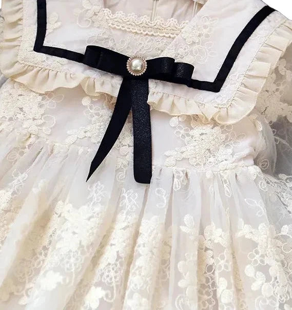 Girls' Sailor Collar Princess Dress - Chiffon Bow Party Dress Ages 4-6