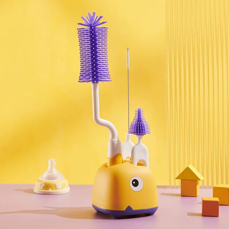 Baby Silicone Bottle Brush Long Handle Cleaning Brush 360-degree Rotating Drying Rack Combination Portable Cleaning Tool Set