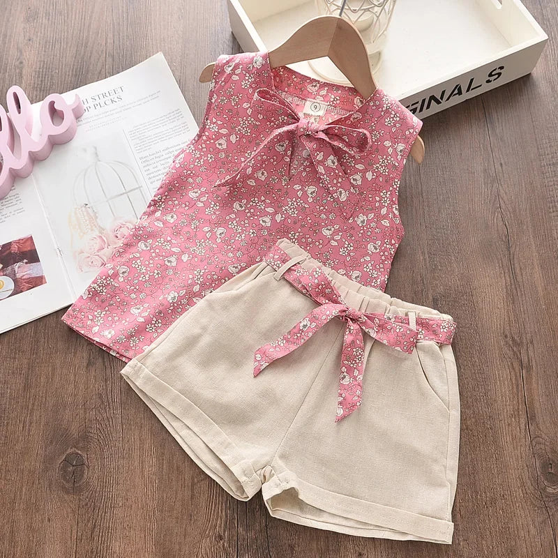 Bear Leader Girls Clothing Sets 2025 Summer Kids Clothes Floral Chiffon Halter+Embroidered Shorts Straw Children Clothing