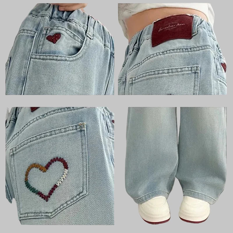 Girls' Y2K Streetwear Jeans - Heart Embroidery Harajuku Denim Pants