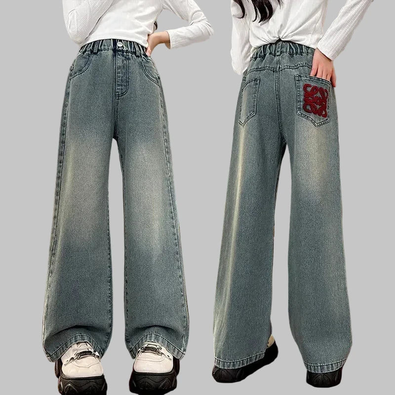 Girls Wide Leg Jeans - Loose Fit Casual Denim Pants