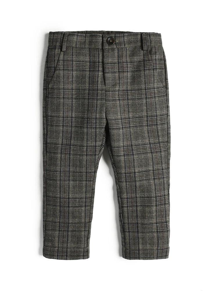 Boys Grey Plaid Pants - Cotton Casual Long Trousers (7-14 Years)