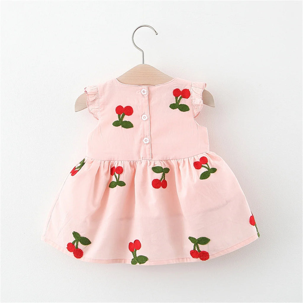 Girls Cherry Embroidered Dress - Flutter Sleeve Summer Dress