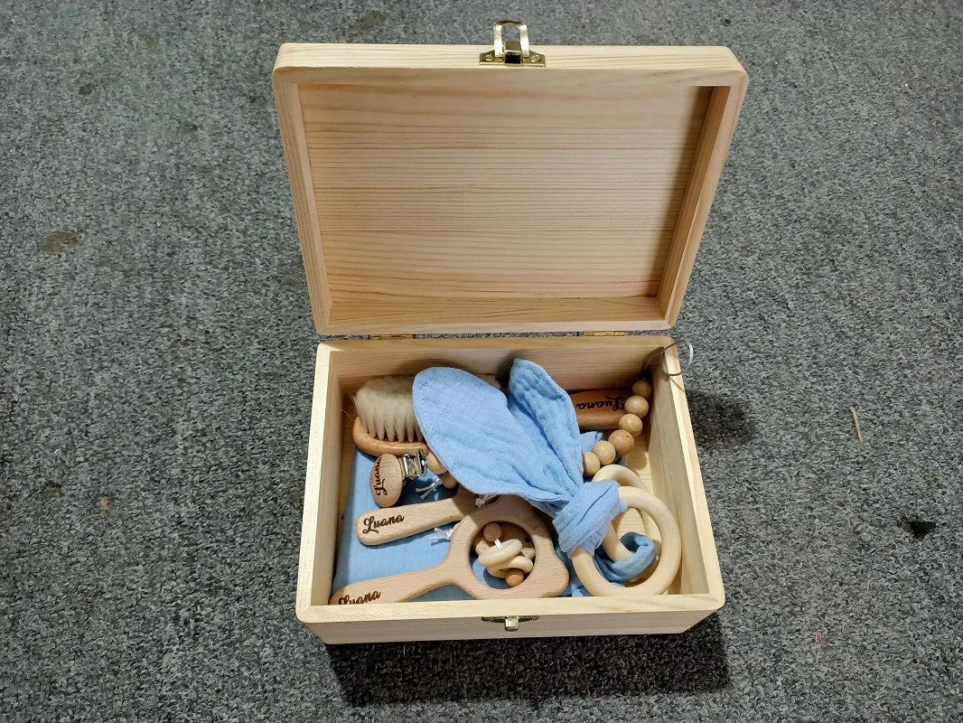 Personalized Baby Gift Box, Wooden Rattle Newborn Gift, Custom Wood Keepsake Box, Baby Teething Gift New Mom Gift Pacifier