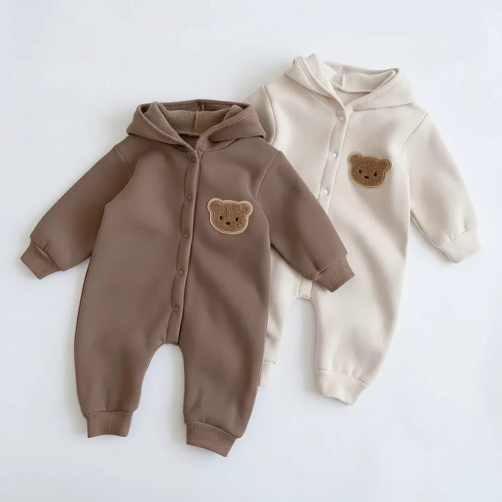Baby Bear Hooded Romper - Warm Cotton Winter Bodysuit Ages 0-24M