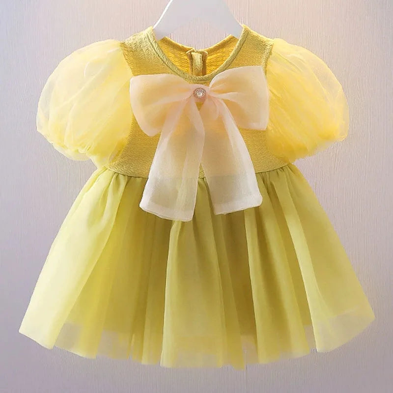 Baby Girl Mesh Dress with Bow - Short Sleeve Summer Birthday Dress