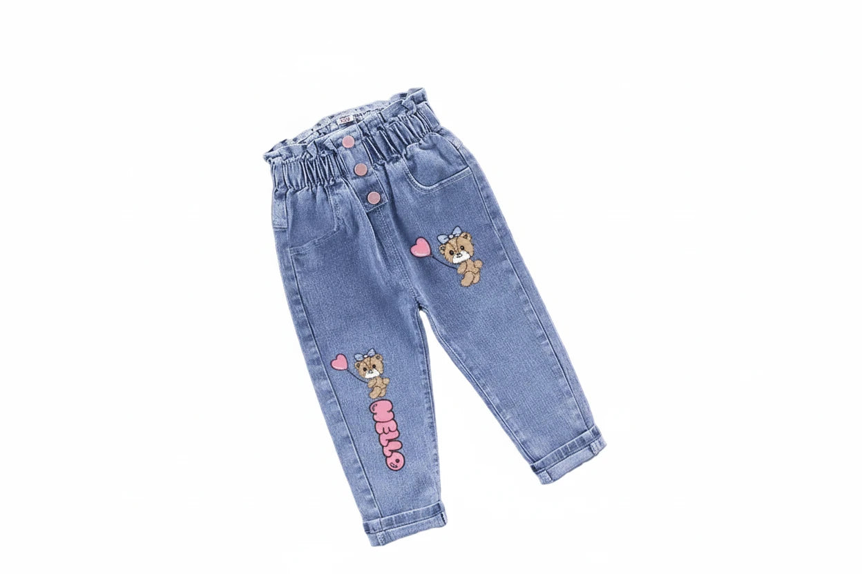 Girls' Cat Print High Waist Jeans - Elastic Waist Denim Pants Ages 1-6