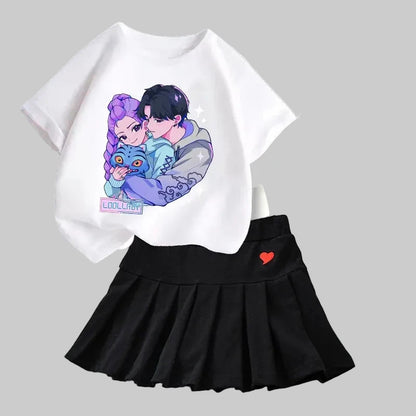 Kpop Demon Hunters Girls T-Shirt & Skirt Set - Kawaii Cartoon Summer Outfit