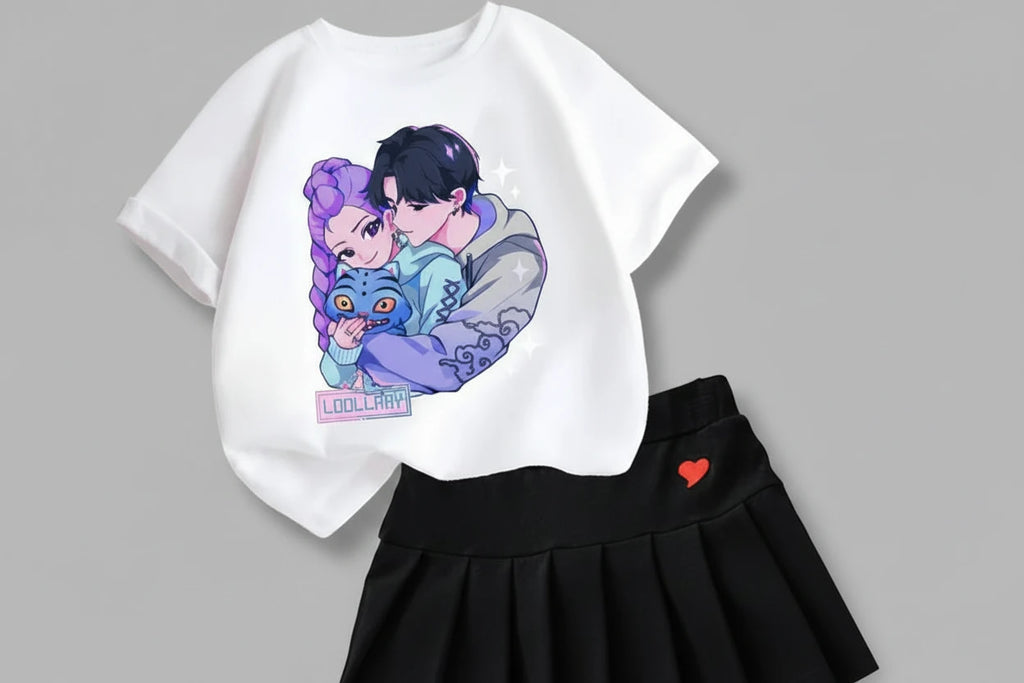 Kpop Demon Hunters Girls T-Shirt & Skirt Set - Kawaii Cartoon Summer Outfit