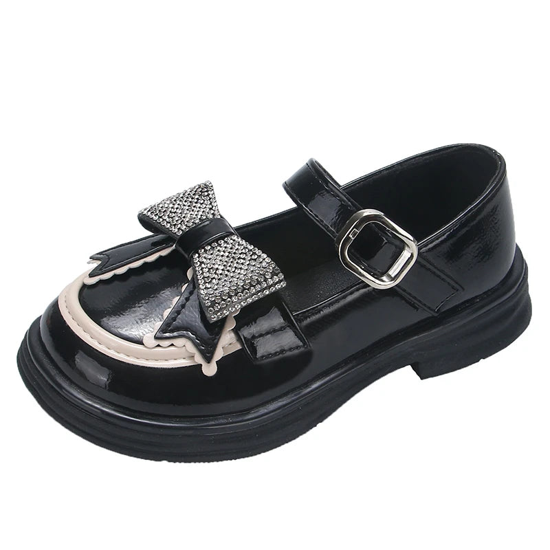Girls Princess Mary Janes with Rhinestones & Bow - Leather Party Shoes