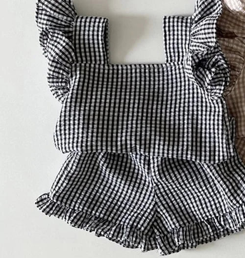 Summer Baby Lattice Clothing Set ,Tee and Shorts 2Pcs Girls Outwear Suits