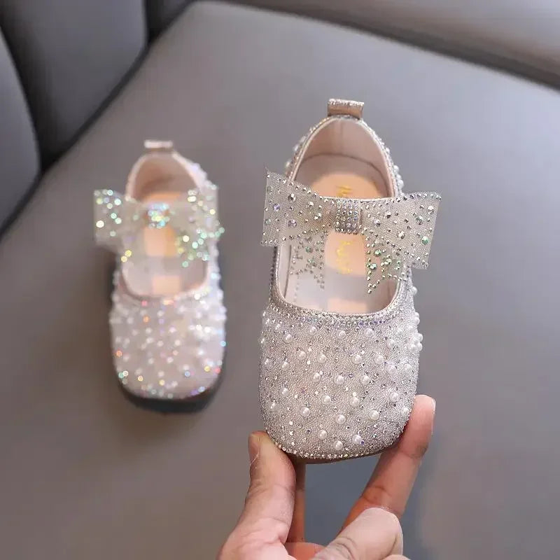 New Girls Princess Shoes Fashion Children's Bow Rhinestone Sequin Kids Shoes Baby Party Student Flat Performance Shoes H19