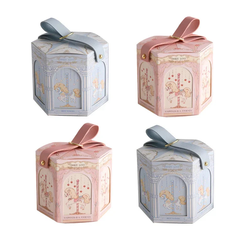 10pcs Gift Box Packaging Baby Shower Kids Birthday Favors Snack Food Candy Cookies Boxes Blue Pink Carousel Bride Party Supplies