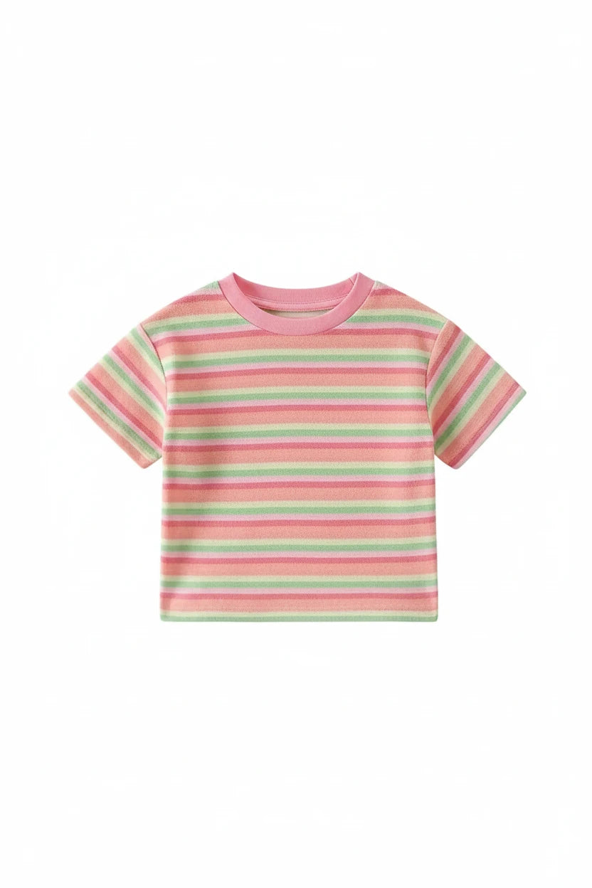 Girls Striped Cotton Short Sleeve Tee - Kidnor
