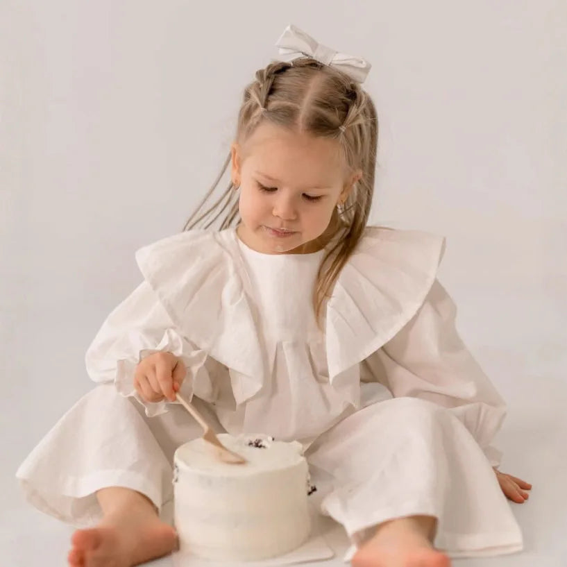 Girls Linen Ruffle Blouse & Pants Set - 2-Piece Spring Autumn Outfit