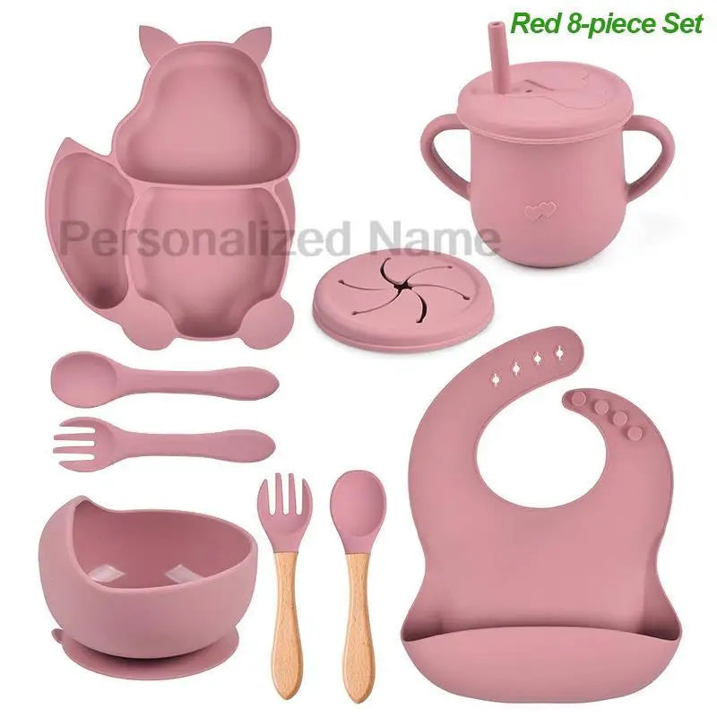 Personalized Name Silicone Tableware Set For Kids 8Pcs Baby Solid Feeding Set Squirrel Plate Dishes Sucker Bowl Bib Newborn Gift