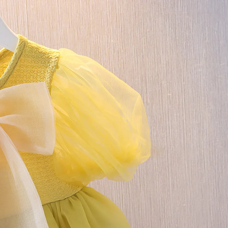 Baby Girl Mesh Dress with Bow - Short Sleeve Summer Birthday Dress