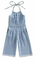 Girls Blue Denim Jumpsuit - Halter Neck Sleeveless Playsuit (1-6Y)