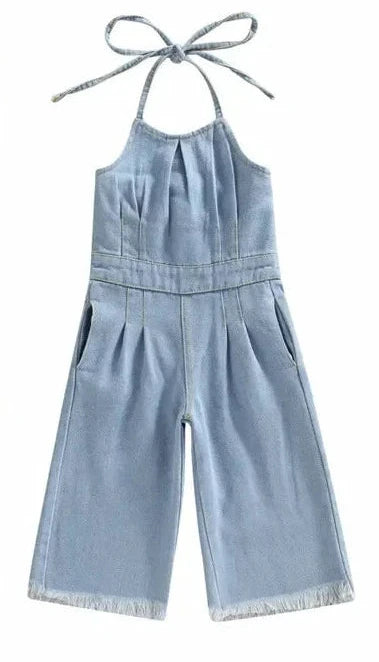 Girls Blue Denim Jumpsuit - Halter Neck Sleeveless Playsuit (1-6Y)