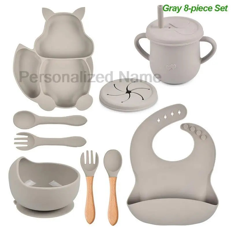 Personalized Name Silicone Tableware Set For Kids 8Pcs Baby Solid Feeding Set Squirrel Plate Dishes Sucker Bowl Bib Newborn Gift