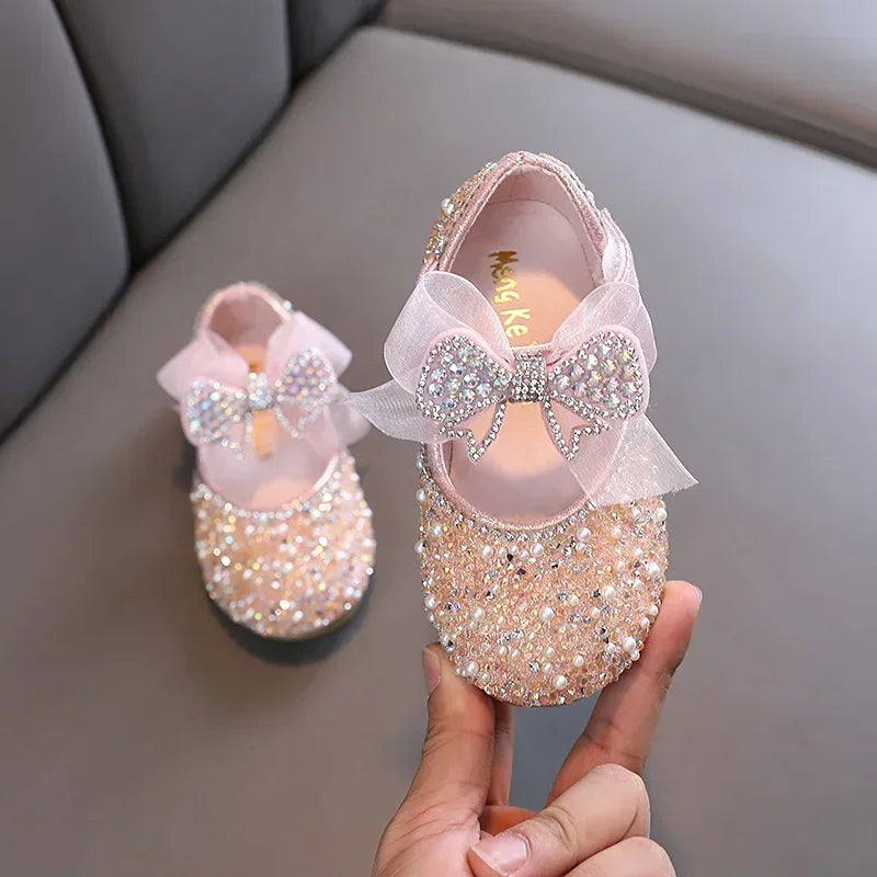 New Girls Princess Shoes Fashion Children's Bow Rhinestone Sequin Kids Shoes Baby Party Student Flat Performance Shoes H19