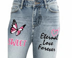Girls' Wide Leg Butterfly Print Jeans - Elastic Waist Casual Pants