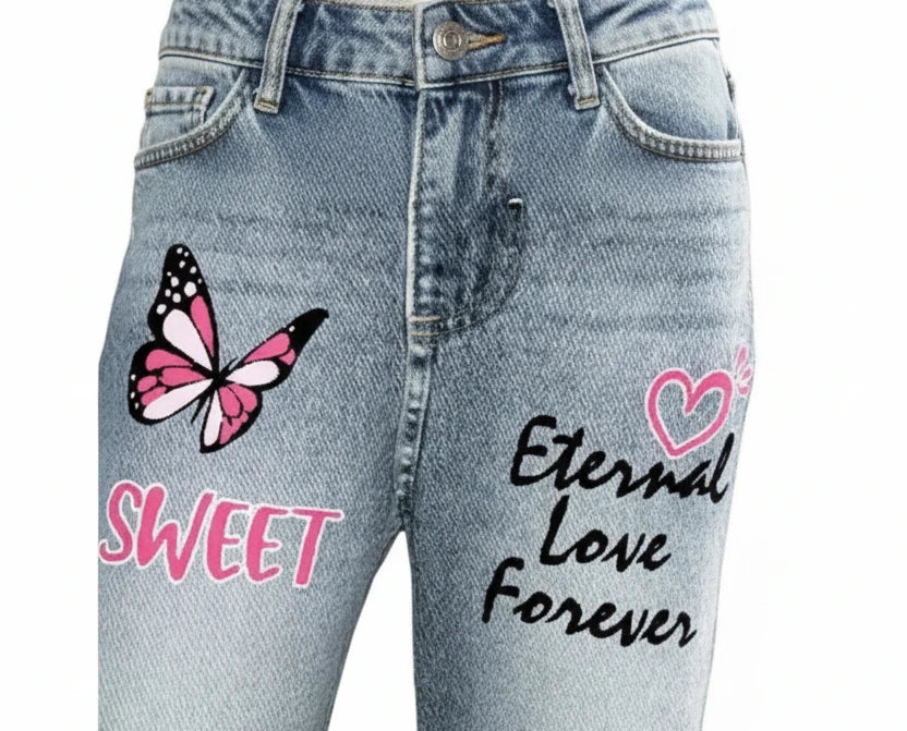 Girls' Wide Leg Butterfly Print Jeans - Elastic Waist Casual Pants