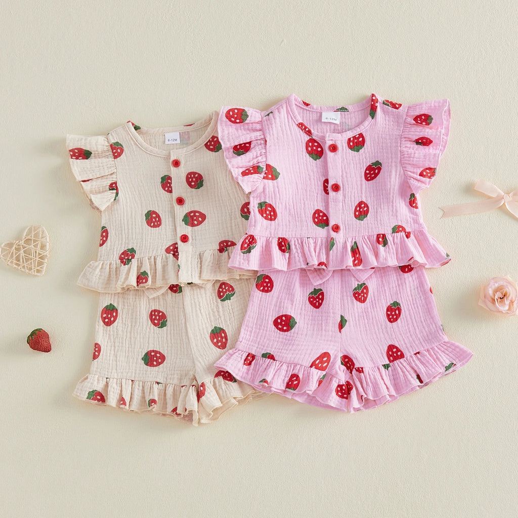 Baby Girls Strawberry Print Top & Shorts Set - 2-Piece Summer Outfit