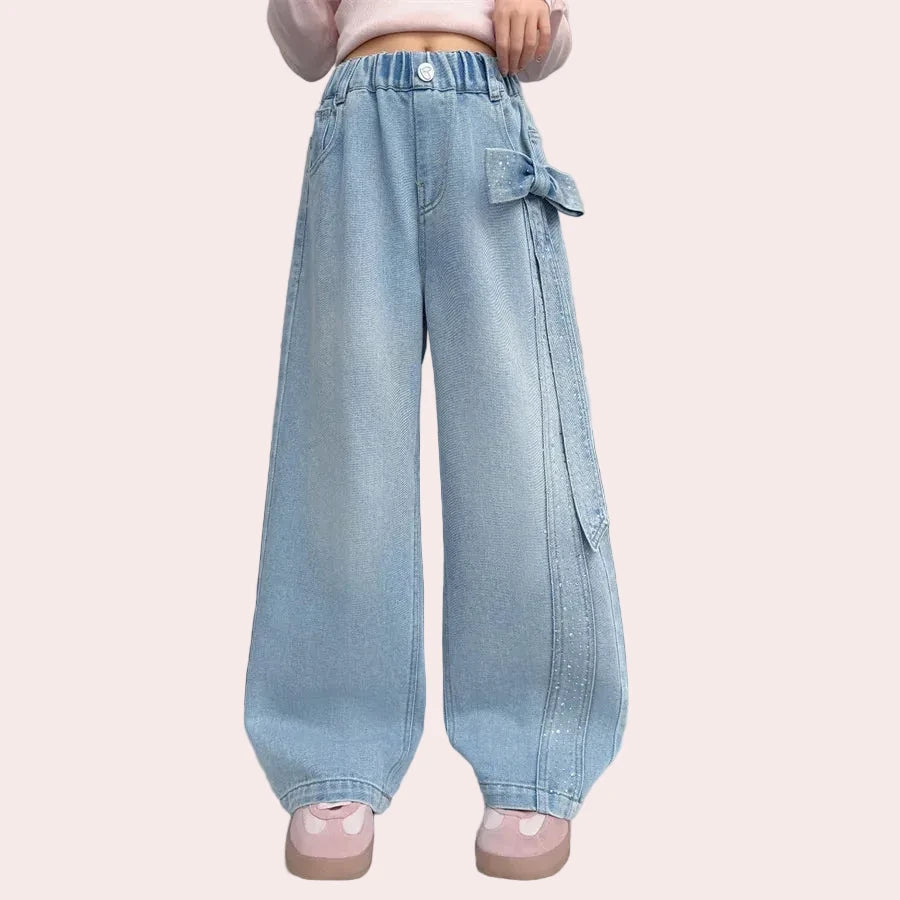 Girls Straight Leg Jeans with Bow & Rhinestones - Streetwear Denim Pants