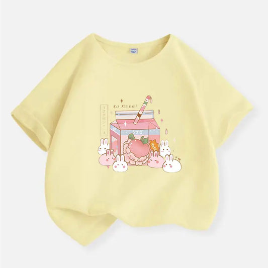 Girls Sweet Rabbit T-Shirt - Pink Cartoon Print - Kidnor