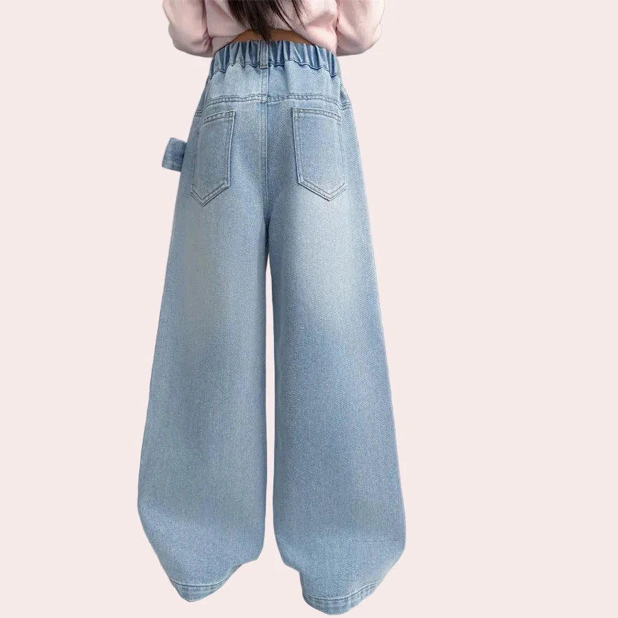 Girls Straight Leg Jeans with Bow & Rhinestones - Streetwear Denim Pants