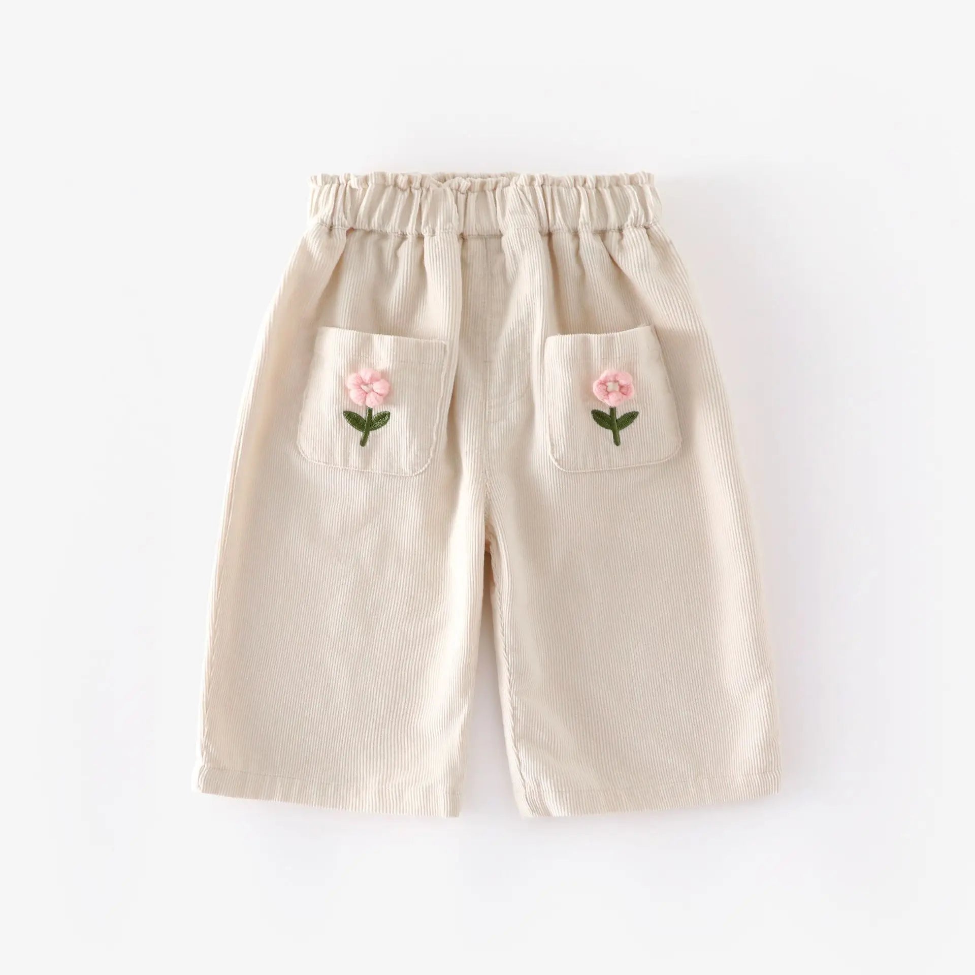 Corduroy Flower Embroidery Pants - Kidnor