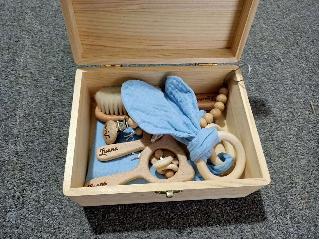Personalized Baby Gift Box, Wooden Rattle Newborn Gift, Custom Wood Keepsake Box, Baby Teething Gift New Mom Gift Pacifier