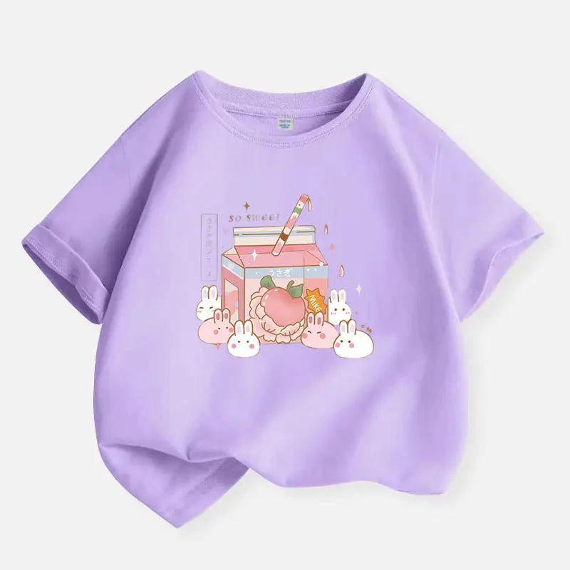 Girls Sweet Rabbit T-Shirt - Pink Cartoon Print - Kidnor