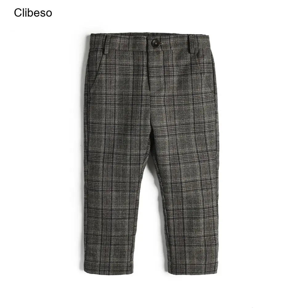 Boys Grey Plaid Pants - Cotton Casual Long Trousers (7-14 Years)