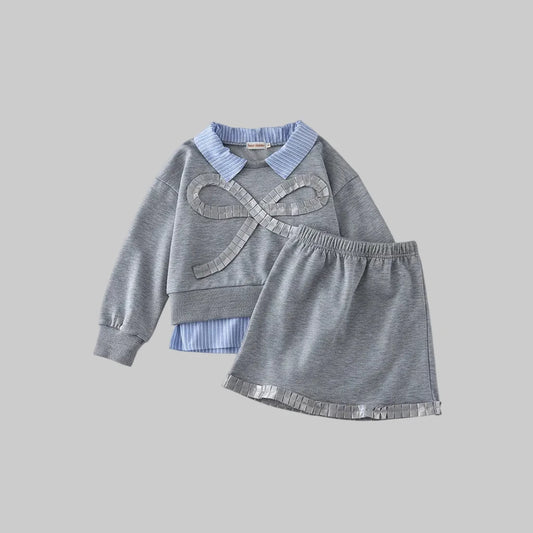 Girls Gray Bow Top and Skirt Set - Kidnor