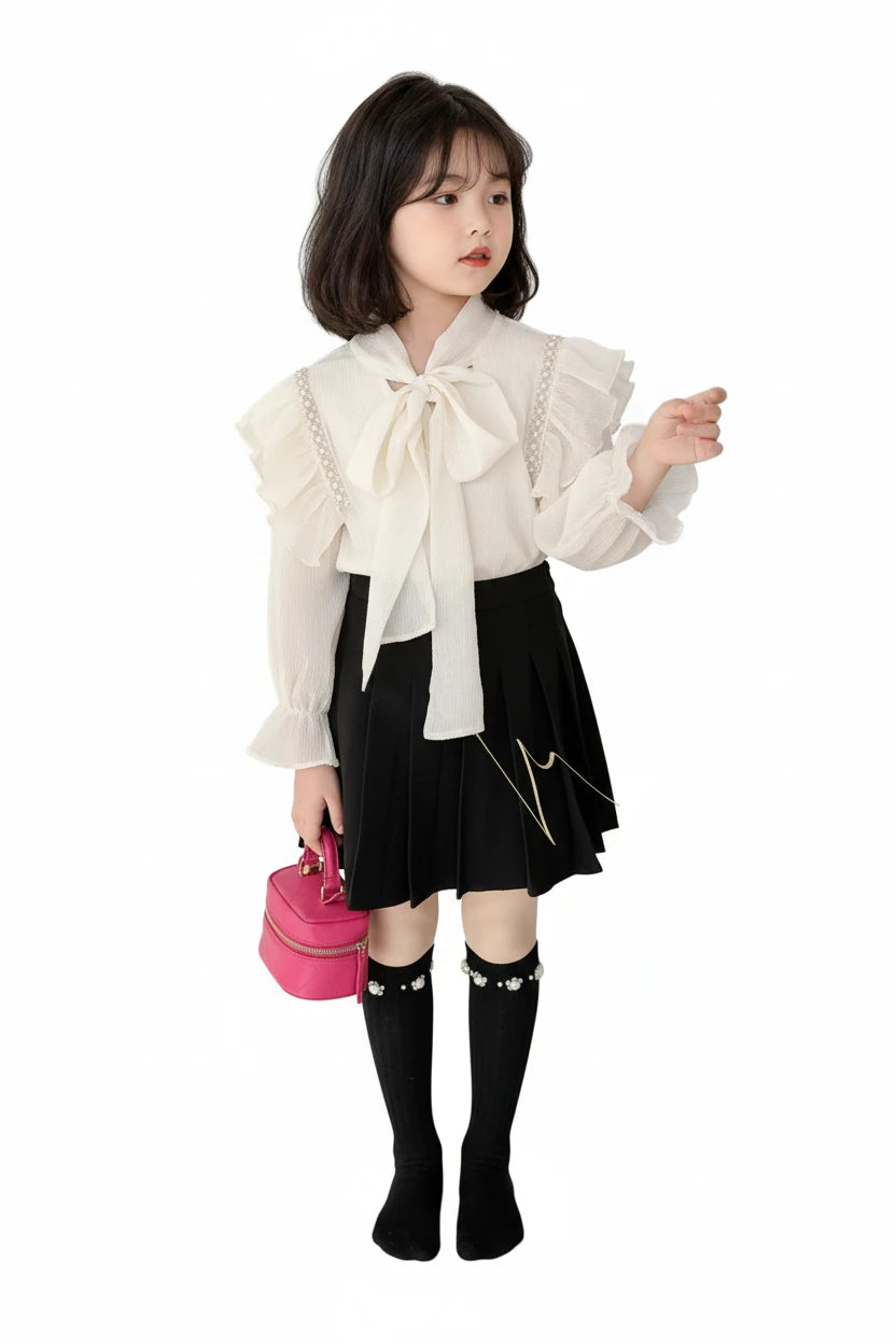 Girls' Beaded Bow Blouse - Flared Sleeve Shirt Ages 3-6