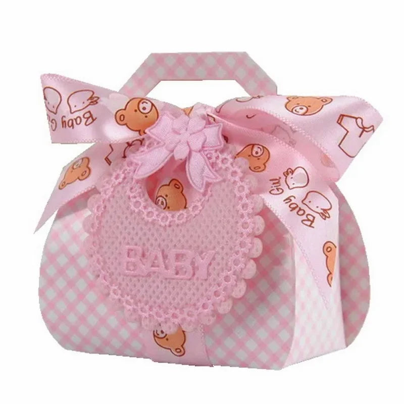 50Pcs Baby Celebration Candy Box DIY Baby Shower Party Gift Box Beautifully With Bib Tag And Ribbon Gift Packaging Box