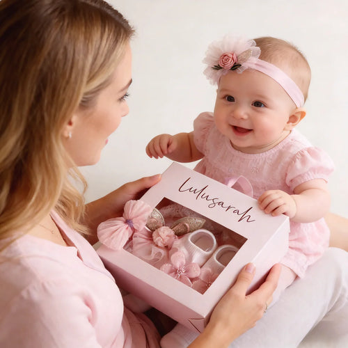 3 Pcs Baby Girl Accessories Set: 1 Socks, 2 Bow Headbands with Gift Box, Holiday Party Gift Box, Ideal Newborn Remembrance Gift
