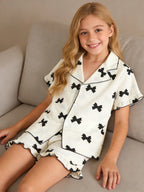 Girls' Summer Bow-Tie Pajama Set - Button Cardigan Top & Shorts