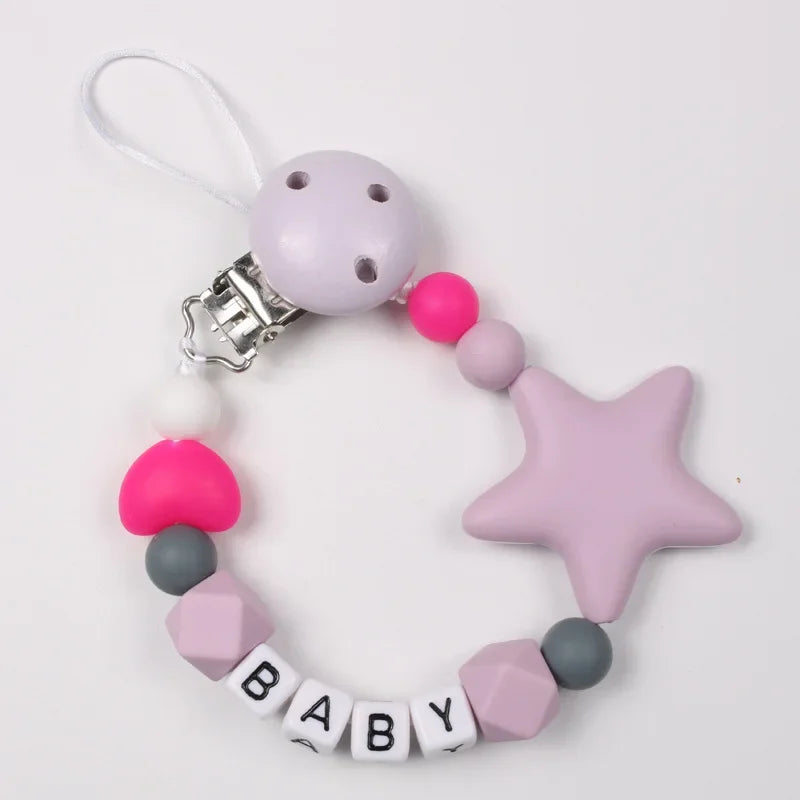 Personalized Name Baby Handmade Pacifier Clips Silicone Safe Teething Chain Infant Pentagonal Star Gum Nipple Dummy Holder Clip