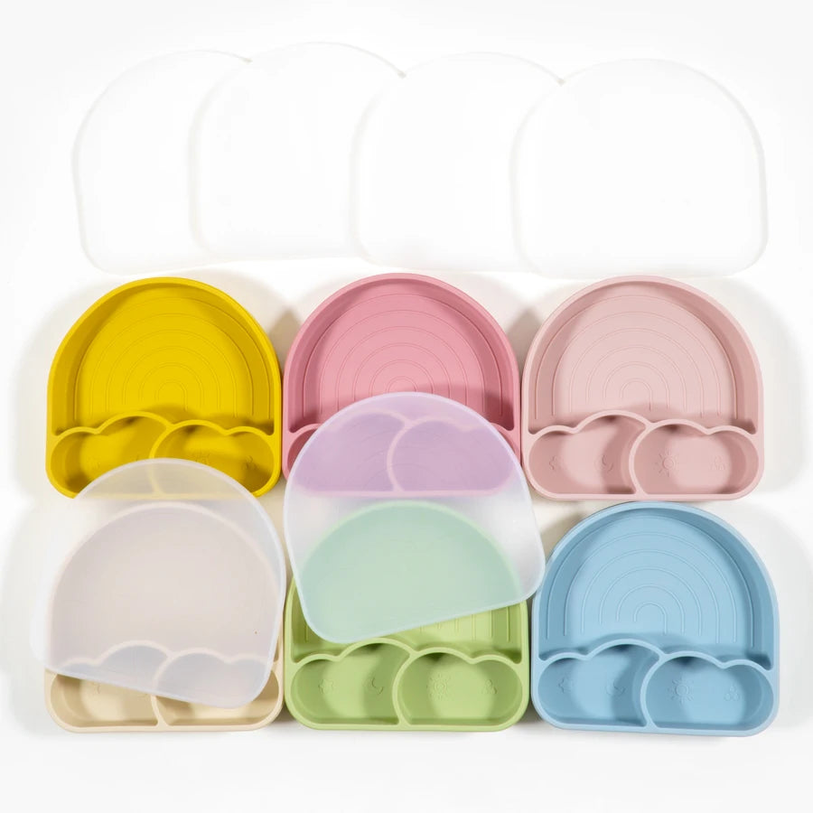 New Design Baby Safe Silicone Dining Plate With Lid Solid Cute Cartoon Children Dishes Suction Toddle Training Tableware