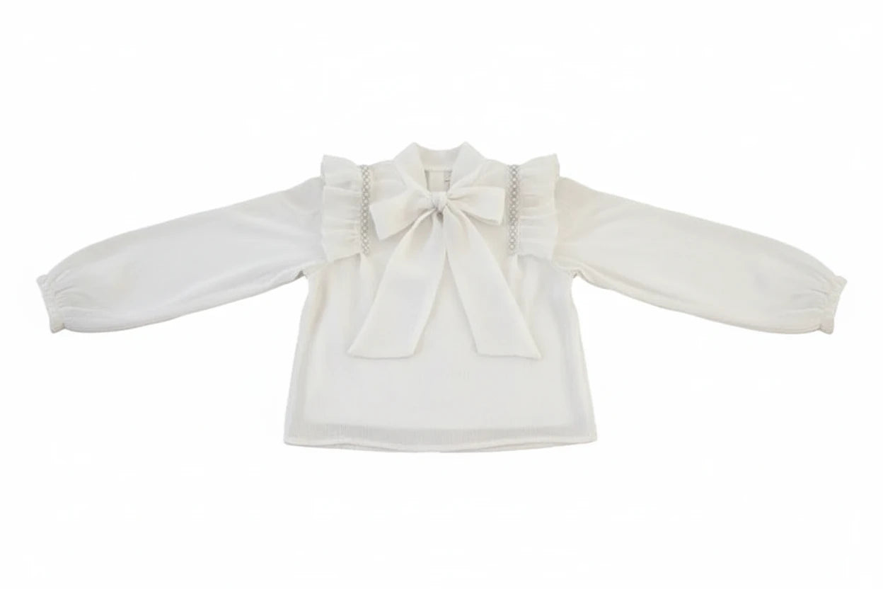 Girls' Beaded Bow Blouse - Flared Sleeve Shirt Ages 3-6