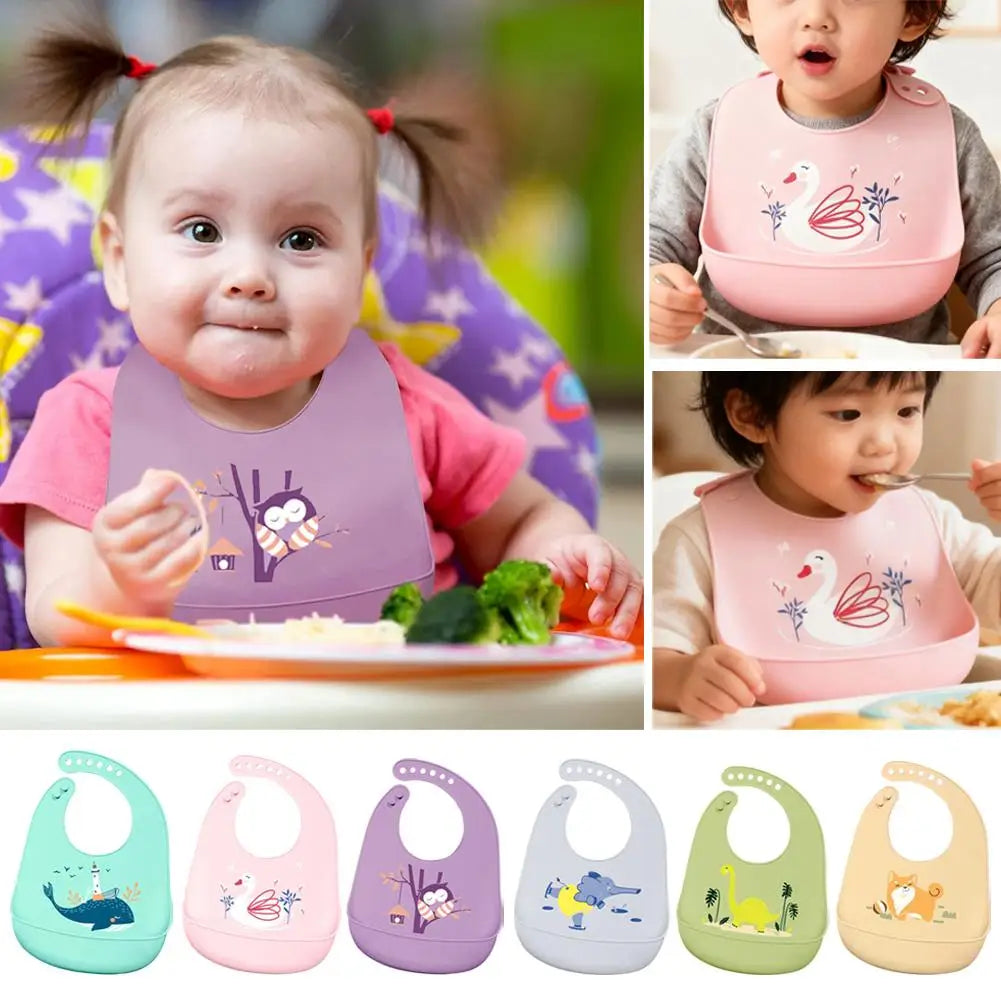 Waterproof Baby Bibs Baby Stuff Cute Cartoon Animal Printed Kids Bib Girl Boy Adjustable Soft Silicone Bib Baby Feeding Stuff