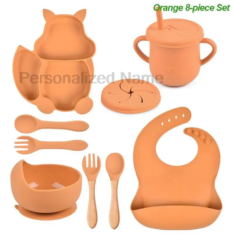 Personalized Name Silicone Tableware Set For Kids 8Pcs Baby Solid Feeding Set Squirrel Plate Dishes Sucker Bowl Bib Newborn Gift